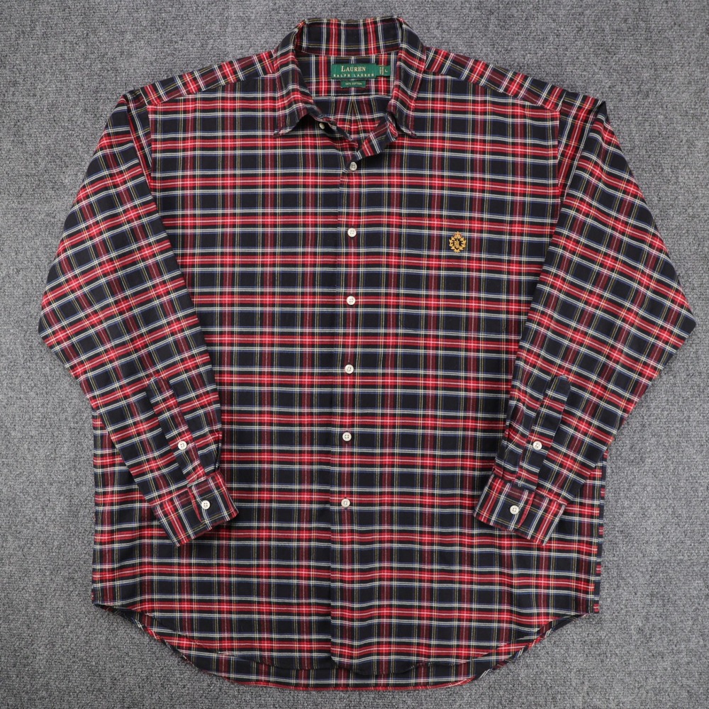 Lauren Ralph Lauren Mens Large Red Black Plaid Cotton Button Down Crest Shirt